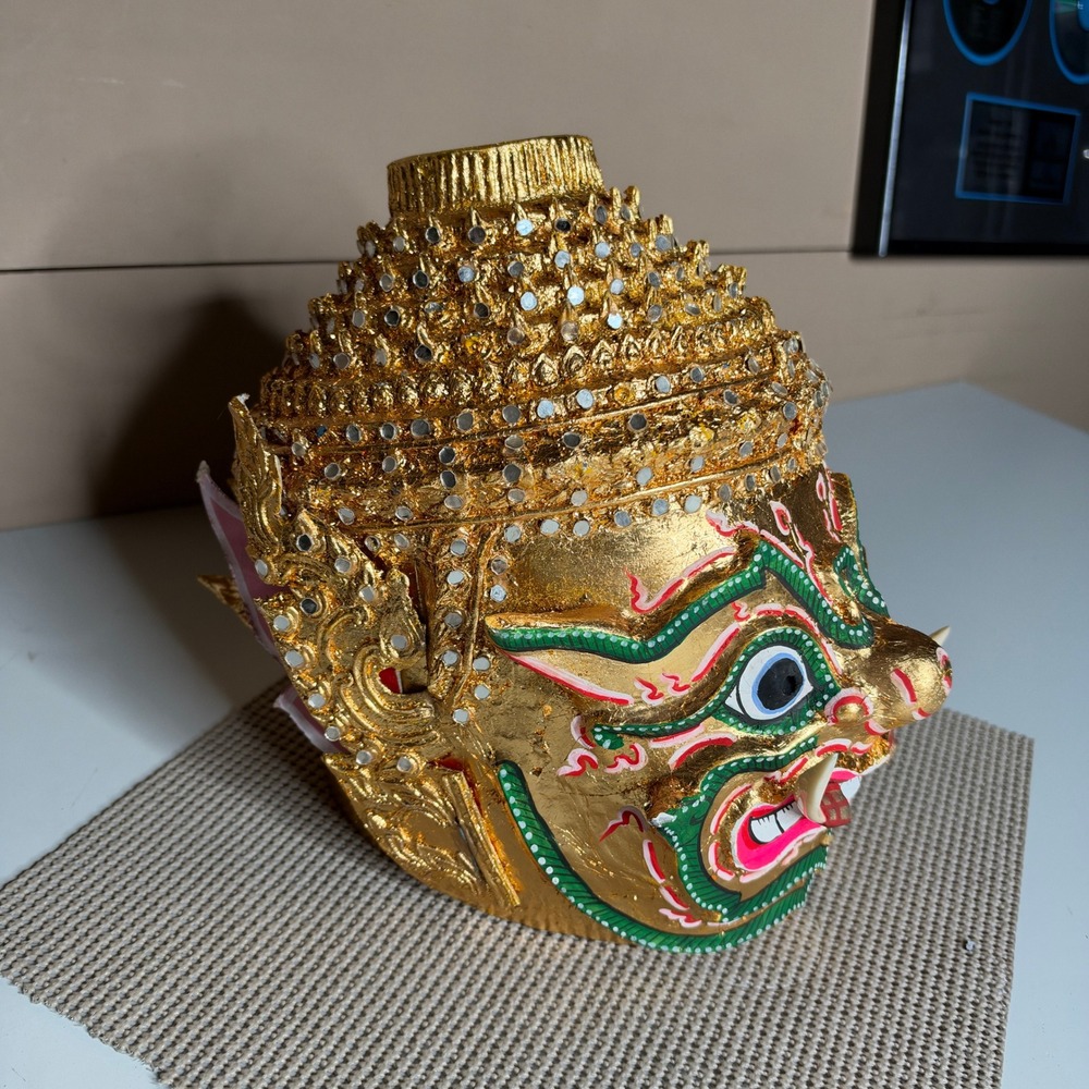 Vintage Thai Khon Mask Hand Painted Gold Leaf Yaksha Demon Giant Dance Mask
